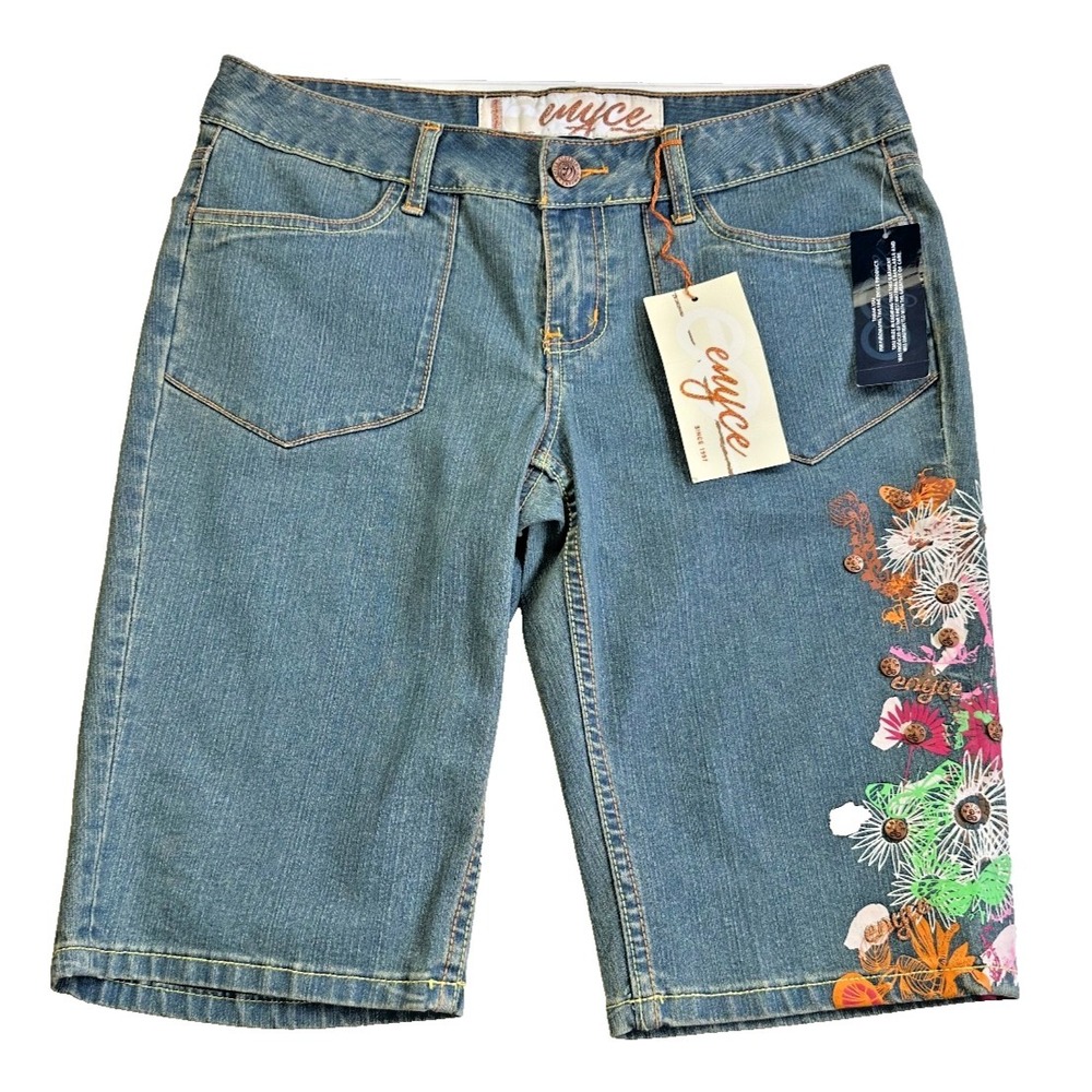 ENYCE‎ Denim Shorts Jr 11 Blue Embroidered Pop Pockets Y2K Bermuda NEW Retro